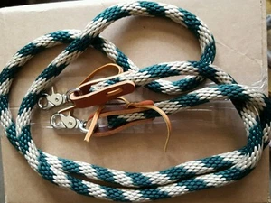 Hunter green & tan HORSE POLY ROPING REINS W/ LEATHER LACES LOOP ENDS - Picture 1 of 2