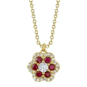 Collar Colgante Flor Diamante y Rubí Oro 14K Corte Redondo Natural 0.38 CTW - Imagen 1 de 4