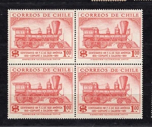 CHILE 1954 First Train of South America 1 peso red MNH railroad block of 4 - Picture 1 of 1