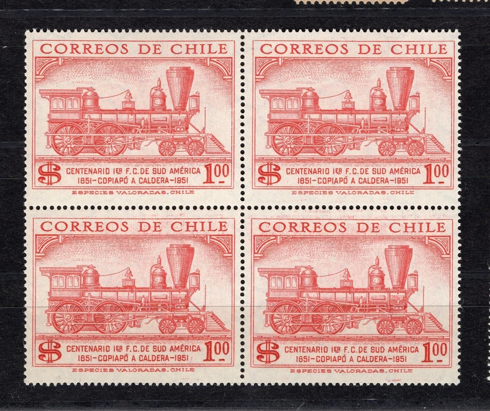 CHILE 1954 First Train of South America 1 peso red MNH railroad block of 4 - Image 1 of 1