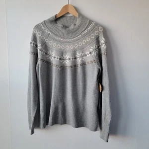 TAHARI Damen Mock Rollkragen Pullover Gr. L grau creme Fair Isle Urlaub - Bild 1 von 8