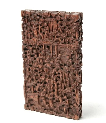 Antique Chinese Carved Wooden Card Case Cantonese Region - People in Garden - Image 1 of 4