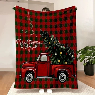 Caminhão vermelho feliz Natal com árvore xadrez flanela cobertor de lã aconchegante - Imagem 1 de 4