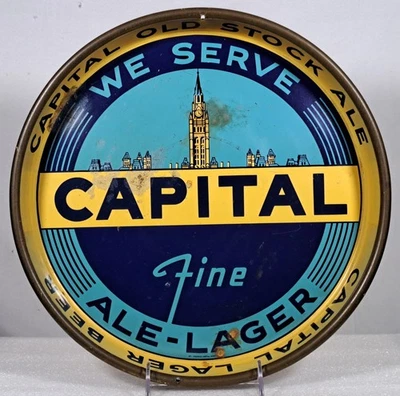 Редкий старый оловянный сервировочный поднос для эля и пива Capitol пивоварня Brading's Оттава Канада - Изображение 1 из 4