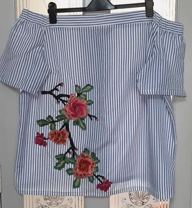 LADIES SIZE 22 NWOT LOVELY OFF SHOULDER STRIPE TOP/EMBRIODERED MOTIF BLUE/WHITE. - Picture 1 of 3