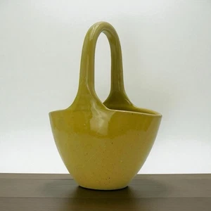 Vintage Studio Pottery Basket Vase Glazed Yellow 9”x6.5” - Picture 1 of 7