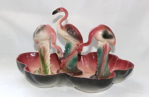3 Vintage PINK FLAMINGOs birds Figurine w/ Bowl Tray - Picture 1 of 9