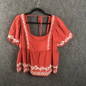 Old Navy Women’s L  Red White Flutter-Sleeve Smocked Embroidery Swing Blouse - Picture 1 of 7