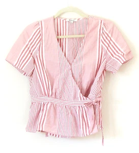 Blusa Top Madewell Para Mujer Talla Pequeña Volantes Dobladillo Envolvente Corbata Cuello en V Rayas Roja - Imagen 1 de 8