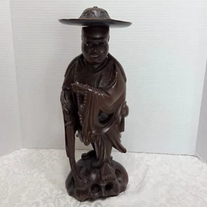 Vintage Carved Wood Chinese Priest Wise Old Man Wide Brim Hat Statue Figurine - Picture 1 of 17
