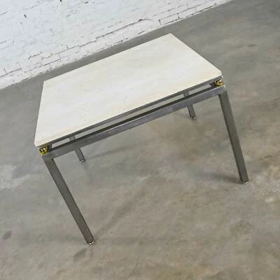 Mesa auxiliar de acero tubo personalizado moderna tapa de travertino y placa de latón detalles de esfera Foto 1 de 4