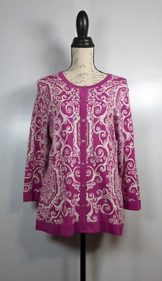 Cárdigan suéter grande Isaac Mizrahi Live para mujer púrpura blanco cachemira - nuevo sin etiquetas Foto 1 de 4