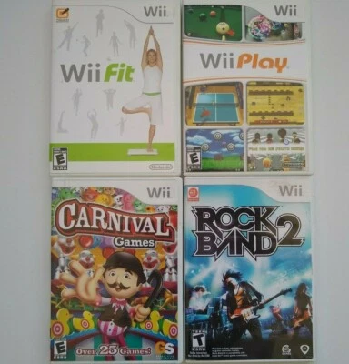 Wii Four Game Bundle Lot - Rock Band 2 Wii Fit Wii Play Carnival Games w/ Cases - Image 1 of 4