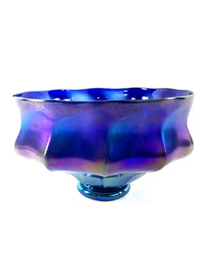 BLUE LUSTRE & MATTE BLOWN GLASS BOWL XL SIGNED STEVE 2000 9 3/8"D TOP GORGEOUS! - Picture 1 of 24