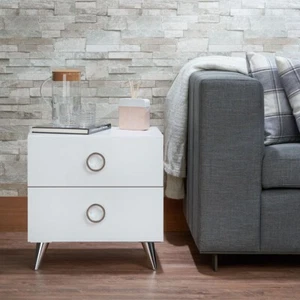 Mesita de noche moderna con 2 cajones y 4 patas cónicas plateadas, mesita de noche dormitorio - Imagen 1 de 5