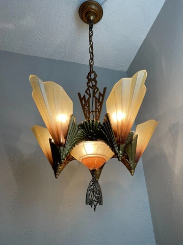 1930s  Art Deco 6 light brown tip slip shade hanging fixture Cover