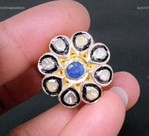 Blue Sapphire Floral Polki Ring 925 Silver Polki Diamond Wedding Ring For Bridal - Imagen 1 de 5