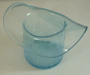 Ice Blue Hand Blown Crackle Glass Hat Vase or Toothpick Holder with Pontil Mark - Picture 1 of 12