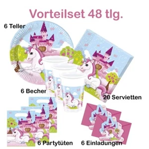 48 tlg. KINDER GEBURTSTAG Party Teller Becher Servietten Süßes Einhorn - Bild 1 von 1