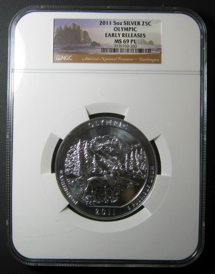 2011 OLYMPIC WASHINGTON.  ATB 5 OZ SILVER QUARTER.  NGC MS69 PL - Image 1 of 1