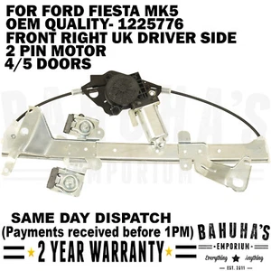 FORD FIESTA MK5 FRONT RIGHT DRIVER ELECTRIC WINDOW REGULATOR WITH 2 PIN MOTOR - Picture 1 of 2