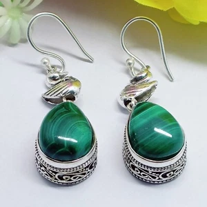 Malachite Gemstone Dangle Drop Earring, 925 Sterling Silver Handmade Earring. - Picture 1 of 7