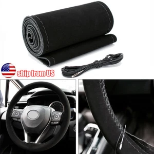DIY Car Suede Leather Steering Wheel Cover w/ Black Needle Thread Skidproof - Bild 1 von 11