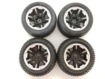 NEW Traxxas Rustler 1/10 2wd Alias Front/Rear Tires & Wheels - Black / Chrome - Image 1 of 4