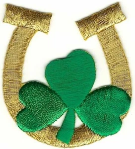 Irish Lucky Horseshoe Patch 3 Leaf Clover Embroidered Cut out Iron on Sew on - Picture 1 of 1