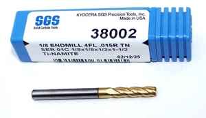 38002 Kyocera SGS 1/8" Carbide 4 Flute End Mill .015" Radius TiN Coated .1250" - Picture 1 of 3