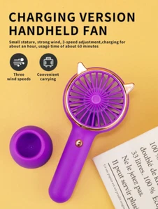 Portable Handheld Cat Ear Mini Fan - 3 Speeds, LED Light, Rechargeable, Outdoor - Picture 1 of 9