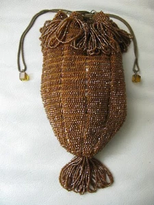 Antique Art Deco Crochet Rootbeer Amber Brown Bead Tassel Flapper Purse #2 - Picture 1 of 11