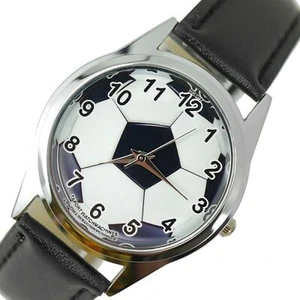 SOCCER BALL FOOTBALL PES FIFA GAME SPORT CHAMPION GYM BLACK LEATHER STEEL WATCH - Picture 1 of 5
