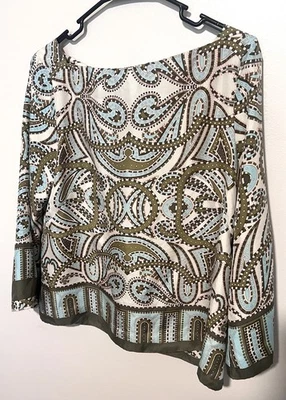 J. Blusa de seda Crew para mujer talla 10 Chartreuse mediano grande verde azul geométrico Foto 1 de 4