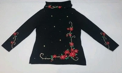 Usado en Excelente Condición Suéter de Navidad para Mujer Mediano Con Cuentas y Bordado Poinsettia Negro Dorado Rojo  Foto 1 de 4
