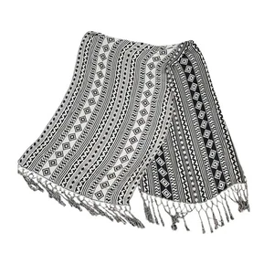 Vintage Y2K Large Boho Long Scarf Black White Aztec Print Fringe Hem - Picture 1 of 3