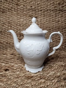 Vintage Wawel Casa Oro 9" Coffee Pot Made In Poland White Embossed with Gold - Picture 1 of 11