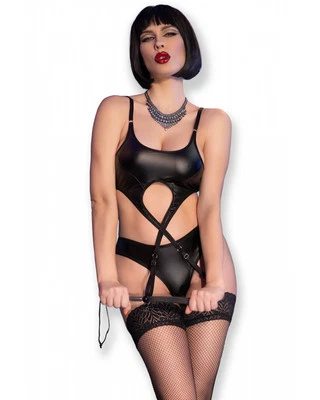 5-tlg. Erotik Set Kunstleder Oberteil Strumpfhalter Netzstrümpfe Peitsche String - Bild 1 von 4