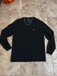 Polo Ralph Lauren V Neck Waffle Knit Shirt Mens 2XL Black White Thermal Pony - Picture 1 of 5