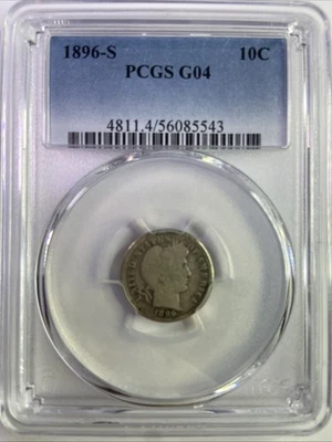 "Монета ""дайм Барбера"" 1896-S 10 центов сертифицированная PCGS G4" - Изображение 1 из 4