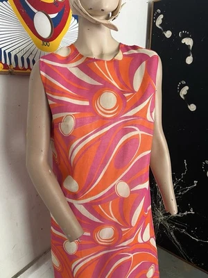 Mini Vestido Psicodélico Vintage Años 60 Gogo Mod Rosa Naranja Patrón Remolino Foto 1 de 4