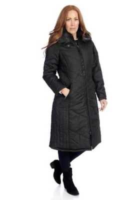 Abrigo acolchado largo totalmente forrado con capucha negro KC Collections, talla M nuevo sin etiquetas💚 Foto 1 de 4