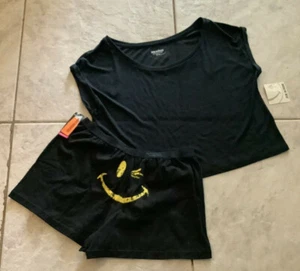 Joe Boxer Sleep Shorts + Sleeveless Top Juniors 6 / M Black Yellow Happy Face - Picture 1 of 8
