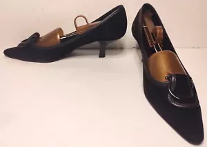 Salvatore Ferragamo Black Suede Pointed Toe Kitten Heels Buckle Detail Sz 9.5 B - Picture 1 of 9