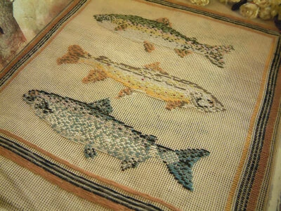Vivid Three Salmon Fishes Tramme Needlepoint Canvas Hand Stitched - Image 1 of 4