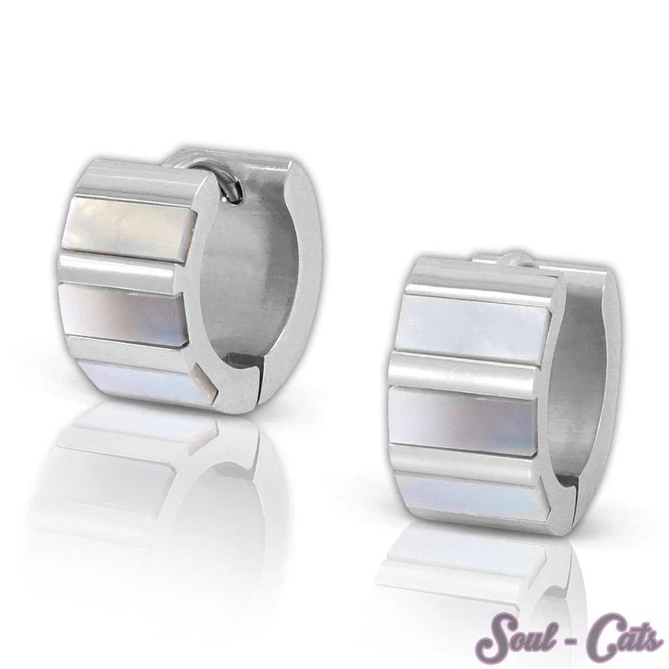 Creolen Perlmutt Edelstahl silber Muschel schillernd Ohrring Klappverschluss - Bild 1 von 1