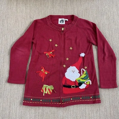 Storybook Knits Christmas Sweater Size L Santa Tree Presents Red Cardigan - Image 1 of 4