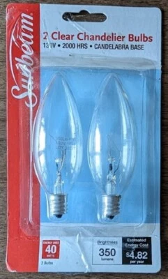 Sunbeam 2 Clear Chandelier Bulbs Candelabra Base 40W 130V Indoor Outdoor NOB - Image 1 of 2