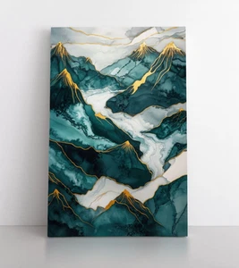 Bergtal Abstrakt Marmor Türkis Gold Gemälde Druck Gerahmt Leinwand Wandbild - Bild 1 von 15