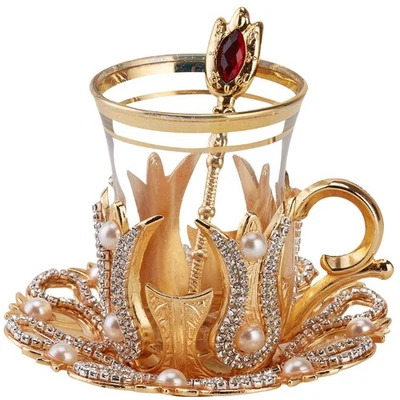 (Juego de 6) Juego de vasos de té y café turcos con platillos metálicos, soportes y... Foto 1 de 4